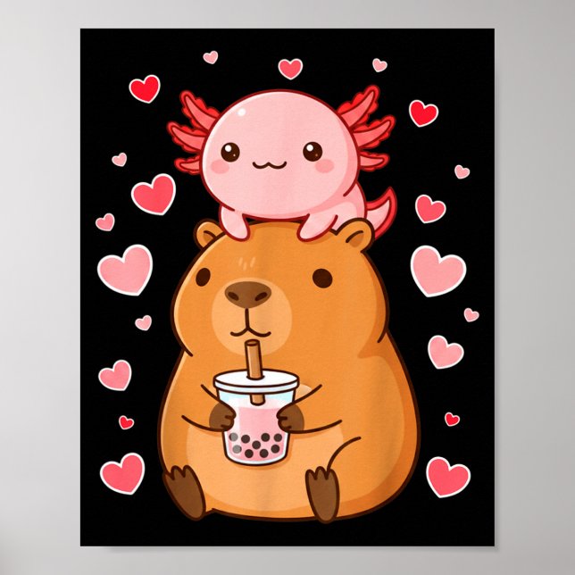 Cute Kawaii Axolotl Capybara Bubble Tea Boys Girls Poster (Front)