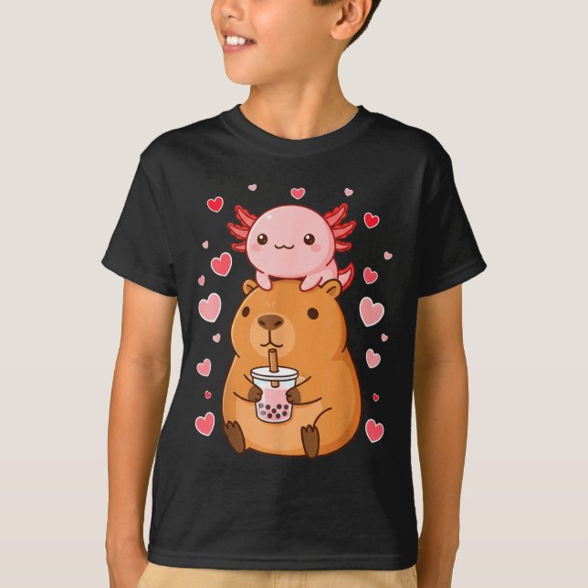 Cute Kawaii Axolotl Capybara Bubble Tea Boys Girls T-Shirt (Front)