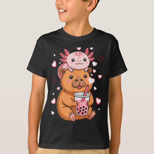 Cute Kawaii Axolotl Capybara Bubble Tea Boys Girls T-Shirt (Front)