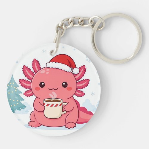 Cute Kawaii Axolotl Christmas Coffee Round Keychai Keychain