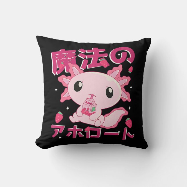 Cute Kawaii Axolotl Strawberry Milk Shake Japanese Throw Pillow (Front)