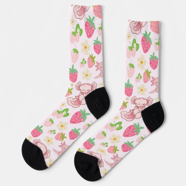 Cute Kawaii Axolotl & Strawberry Seamless Pattern Socks (Left)