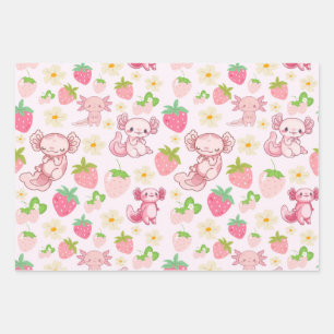 Cute Kawaii Axolotl & Strawberry Seamless Pattern Wrapping Paper Sheets
