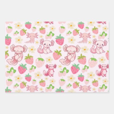 Cute Kawaii Axolotl &amp; Strawberry Seamless Pattern Wrapping Paper Sheets