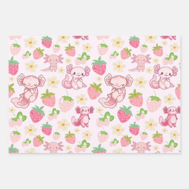 Cute Kawaii Axolotl & Strawberry Seamless Pattern Wrapping Paper Sheets (Front)