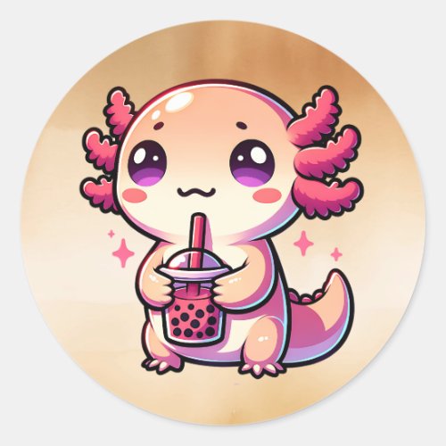 Cute Kawaii Axolotl with Bubble Tea Classic Round Sticker