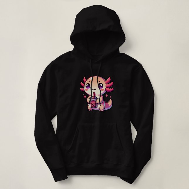 Cute Kawaii Axolotl with Bubble Tea Hoodie (Design Front)