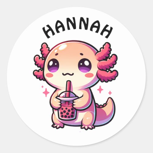 Cute Kawaii Axolotl with Bubble Tea Personalized Classic Round Sticker