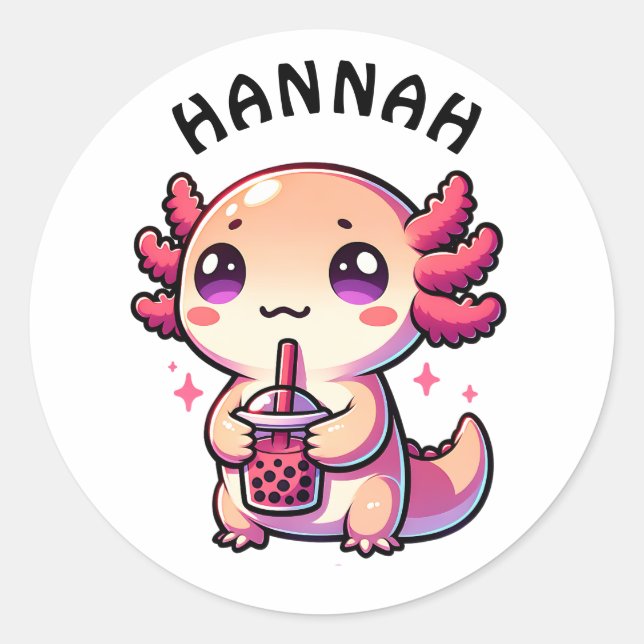 Cute Kawaii Axolotl with Bubble Tea Personalized Classic Round Sticker (Front)