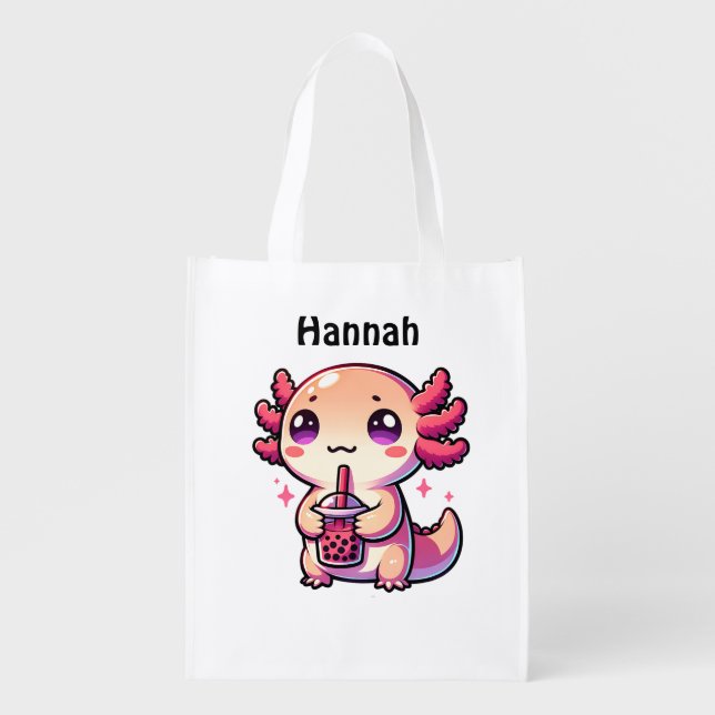 Cute Kawaii Axolotl with Bubble Tea Personalized Grocery Bag (Front)