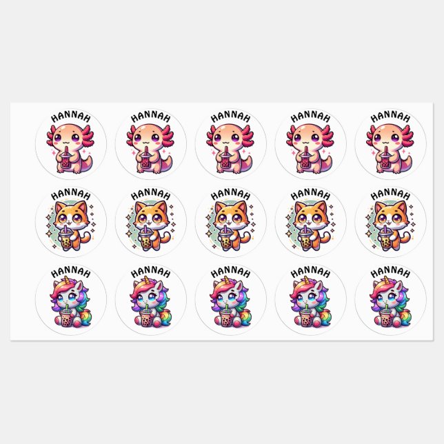 Cute Kawaii Axolotl with Bubble Tea Personalized Kids' Labels (Sheet)