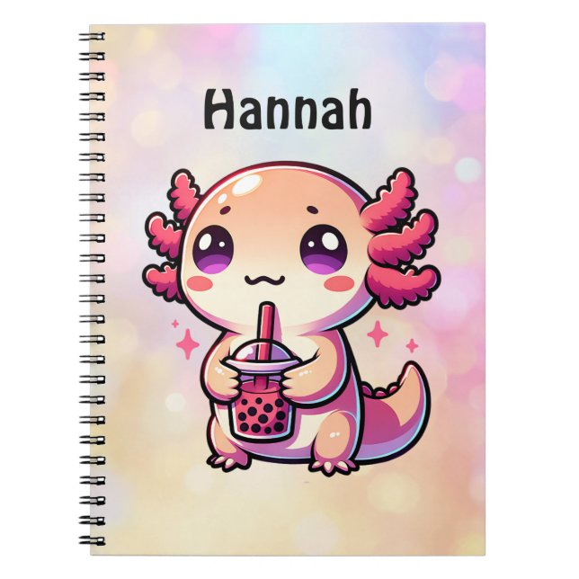 Cute Kawaii Axolotl with Bubble Tea Personalized Notebook (Front)