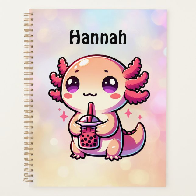 Cute Kawaii Axolotl with Bubble Tea Personalized Planner (Front)