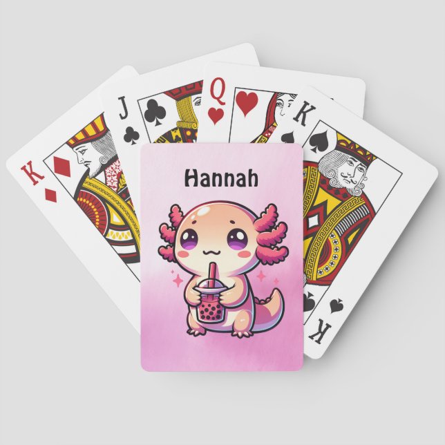 Cute Kawaii Axolotl with Bubble Tea Personalized Poker Cards (Back)