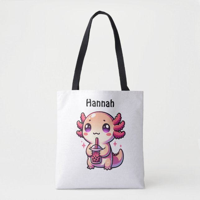 Cute Kawaii Axolotl with Bubble Tea Personalized Tote Bag (Front)