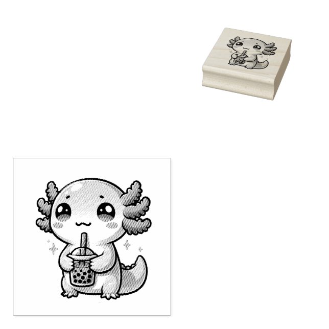 Cute Kawaii Axolotl with Bubble Tea Rubber Stamp (Stamped)