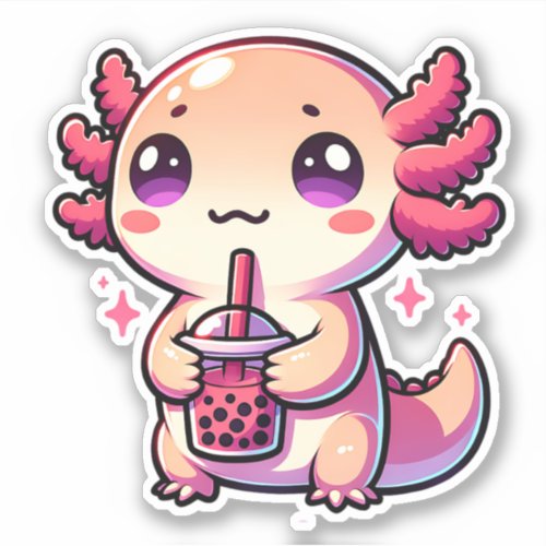 Cute Kawaii Axolotl with Bubble Tea Sticker