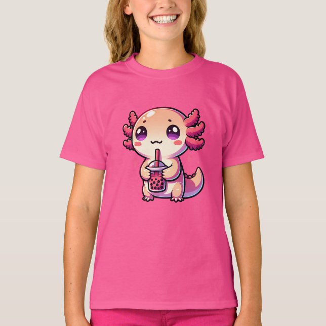 Cute Kawaii Axolotl with Bubble Tea T-Shirt (Front)