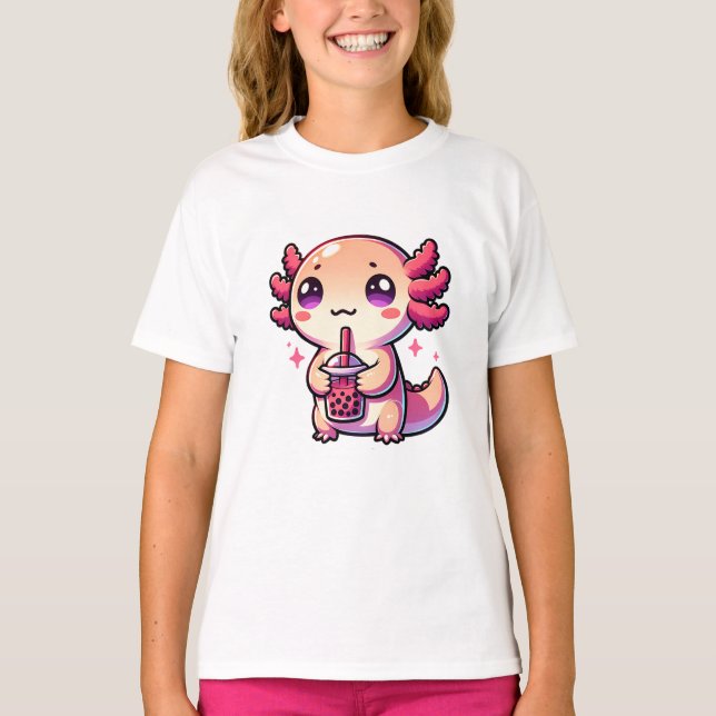 Cute Kawaii Axolotl with Bubble Tea T-Shirt (Front)