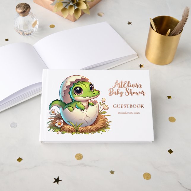 Cute Kawaii Baby Alligator Hatching Baby Shower  Foil Guest Book (Front Open)