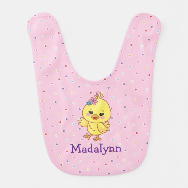 Cute Kawaii Baby Chick Personalized Pink Bib (Front)