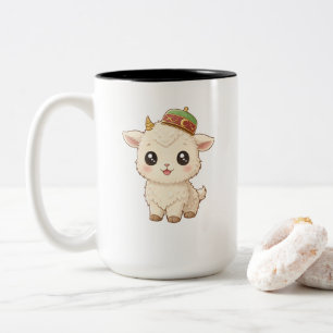 Cute Kawaii Baby Goat with Traditional Cap Coffee Two-Tone Coffee Mug