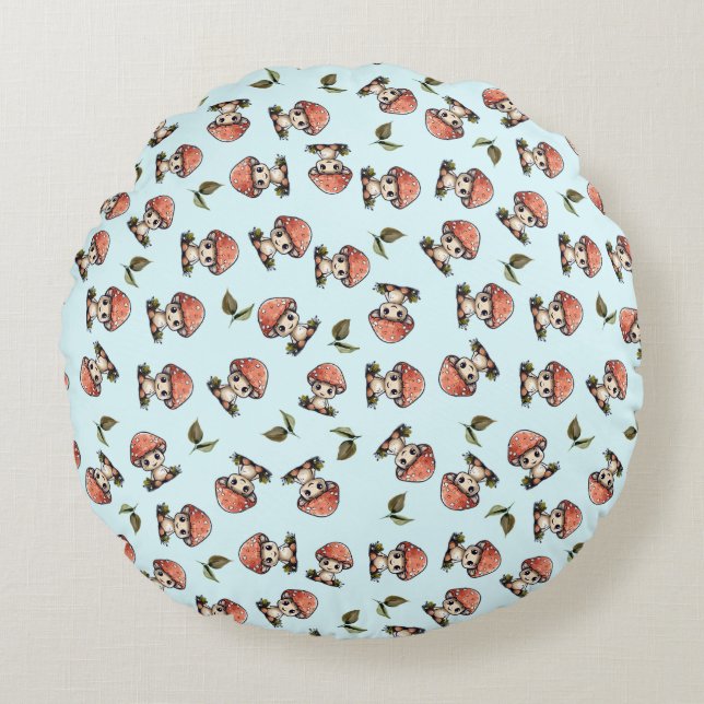 Cute Kawaii Baby Mushroom Pattern Round Pillow (Front)