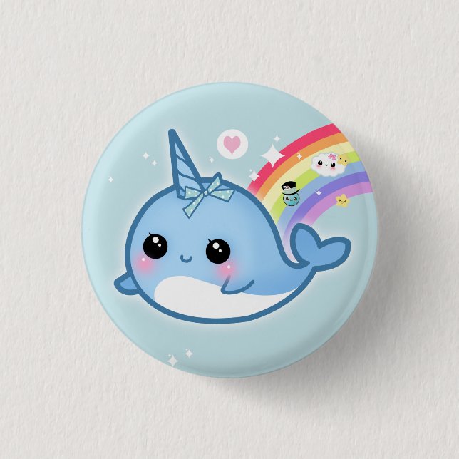 Cute kawaii baby narwhal with rainbow pinback button (Front)