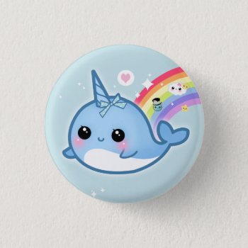 Cute Kawaii Baby Narwhal With Rainbow Pinback Button by Chibibunny at Zazzle