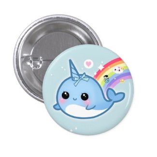 Cute kawaii baby narwhal with rainbow pinback button