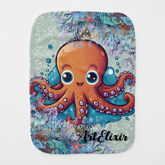 Cute Kawaii Baby Orange Octopus Print Baby Burp Cloth (Front)