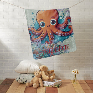 Cute Kawaii Baby Orange Octopus Print Blanket