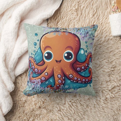Cute Kawaii Baby Orange Octopus Print Throw Pillow