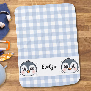Cute Kawaii Baby Penguin Face Gingham Baby Blanket