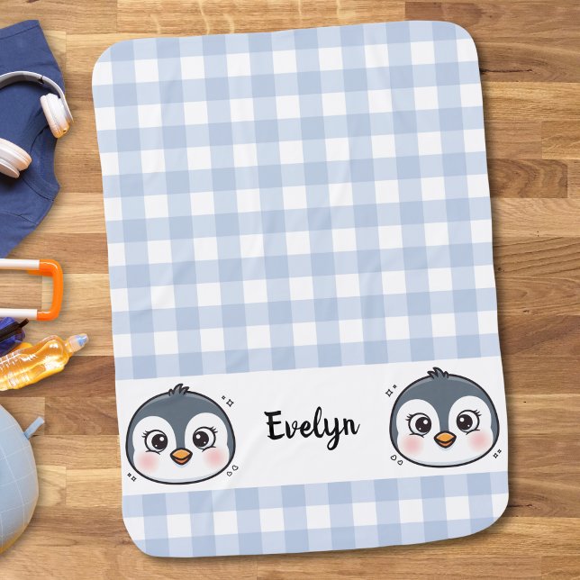 Cute Kawaii Baby Penguin Face Gingham Baby Blanket (Creator Uploaded)