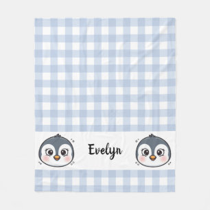 Cute Kawaii Baby Penguin Face Gingham Fleece Blanket