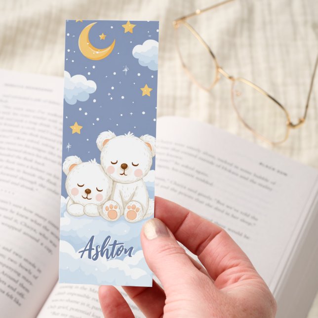 Cute Kawaii Baby Polar Bear Night Sky Personalized Bookmarks (Hand)