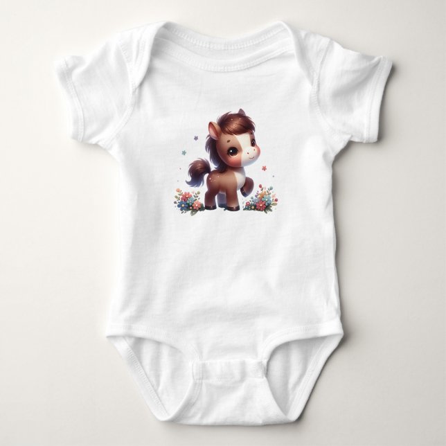 Cute Kawaii Baby Pony with Flowers Baby Bodysuit (Front)