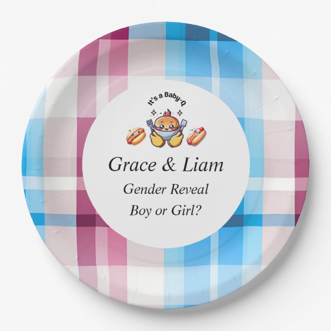 Cute Kawaii Baby-Q Gender Reveal Party Paper Plates (Front)