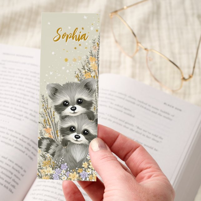 Cute Kawaii Baby Raccoons Floral Personalized Bookmarks (Hand)