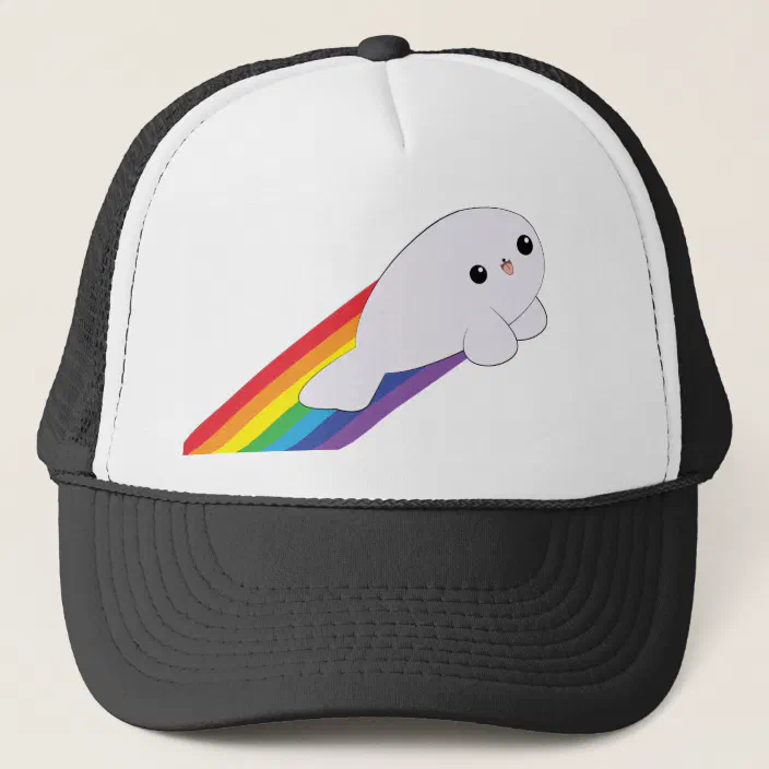 Cute Kawaii Baby Rainbow Rocket Seal Trucker Hat Zazzle Com