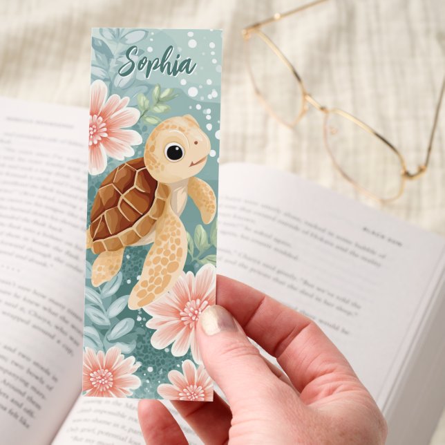 Cute Kawaii Baby Sea Turtle Floral Personalized Bookmarks (Hand)