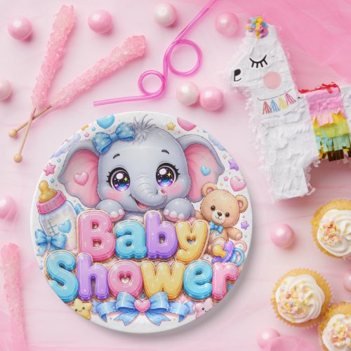 Cute Kawaii Baby Shower Elephant Pastel Pink Teddy Paper Plates