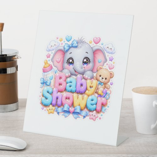 Cute Kawaii Baby Shower Elephant Pastel Pink Teddy Pedestal Sign