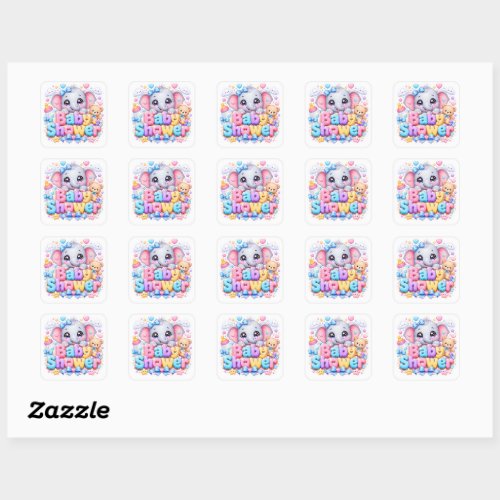Cute Kawaii Baby Shower Elephant Pastel Pink Teddy Square Sticker