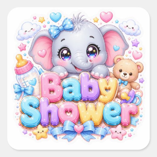 Cute Kawaii Baby Shower Elephant Pastel Pink Teddy Square Sticker