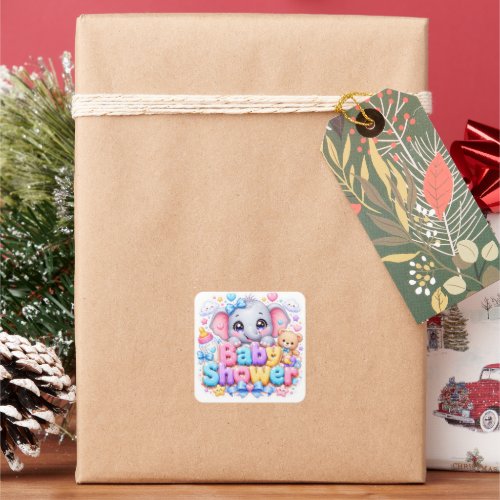Cute Kawaii Baby Shower Elephant Pastel Pink Teddy Square Sticker