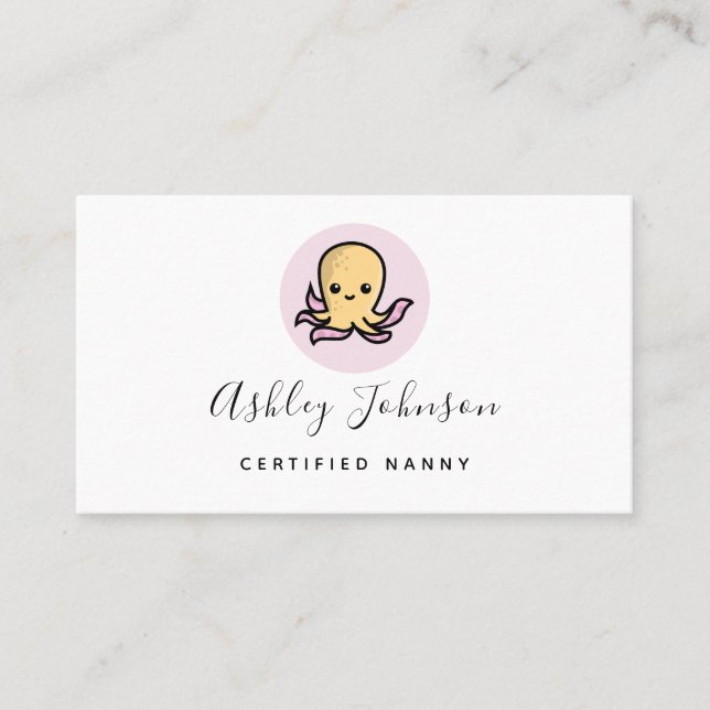 Cute Kawaii Baby Squid Octopus Certified Nanny Fun Business Card (Front)