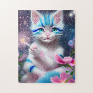 Cute Kawaii baby striped pink and blue cat kitten Jigsaw Puzzle