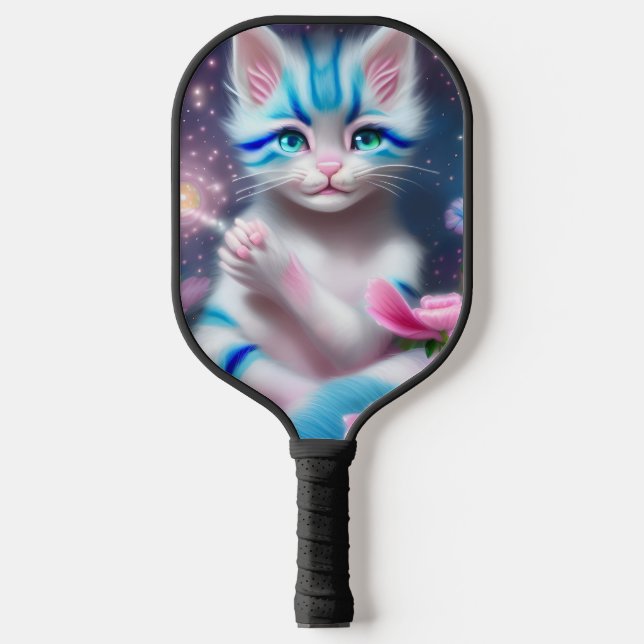 Cute Kawaii baby striped pink and blue cat kitten  Pickleball Paddle (Front)